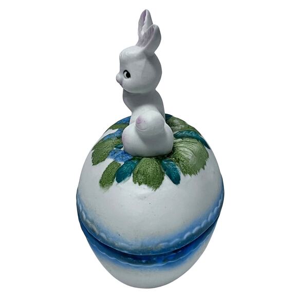 Bisque Bunny Rabbit Egg-Shaped Covered Trinket Candy Dish 5" Easter Decor VTG - Picture 4 of 7